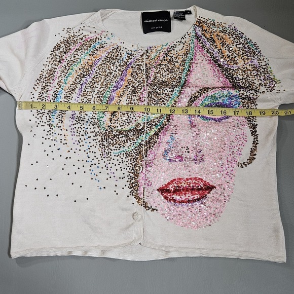 Michael Simon Sweater Medium Cardigan Sequins Face Model Twiggy Art - Picture 7 of 10